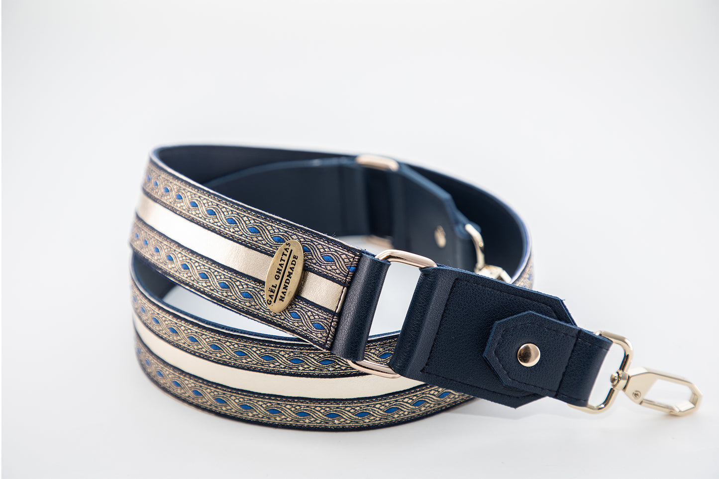 navy leather bag straps